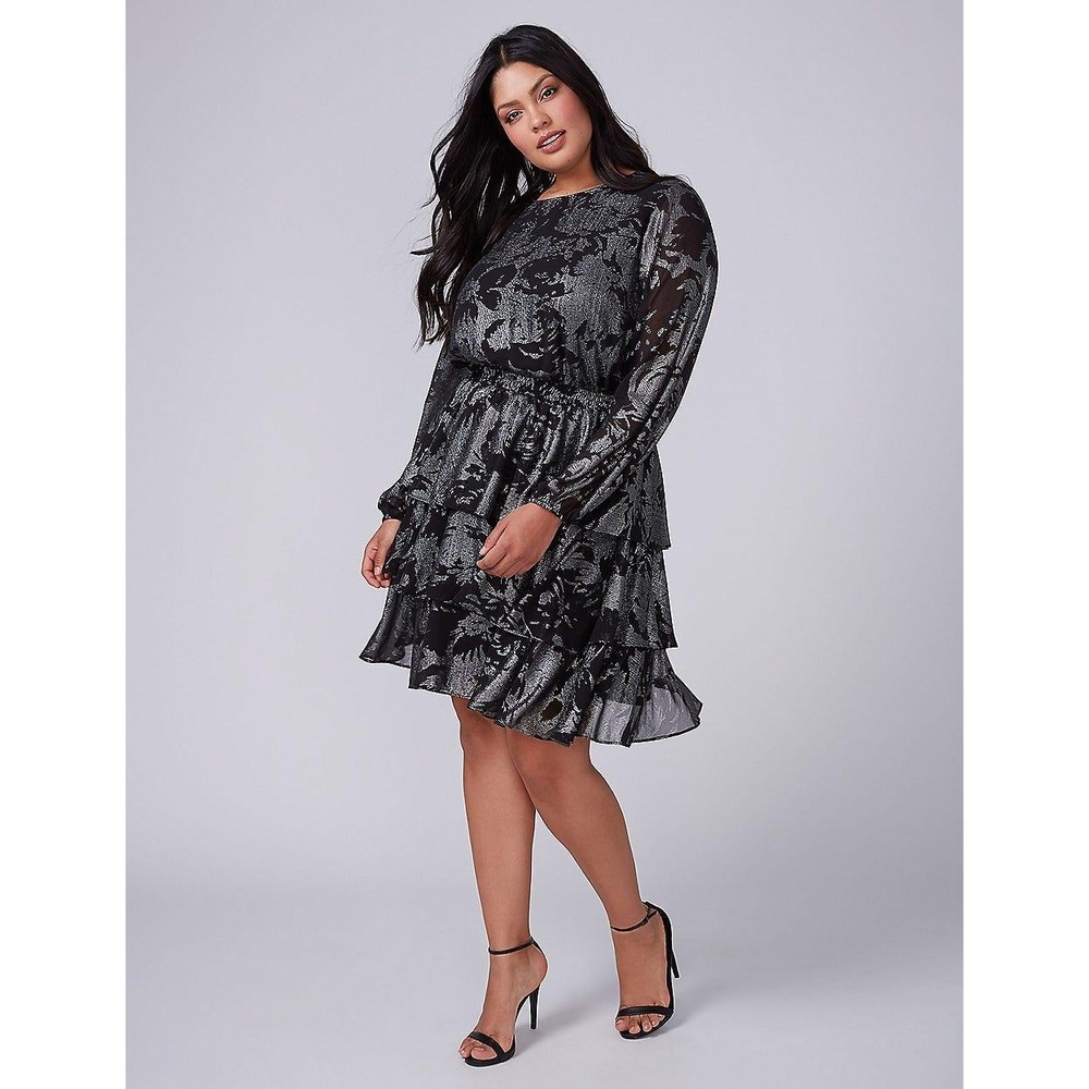 NWT Lane Bryant Tiered Mini Dress 18/20 Black Silver Metallic Floral Ruffle